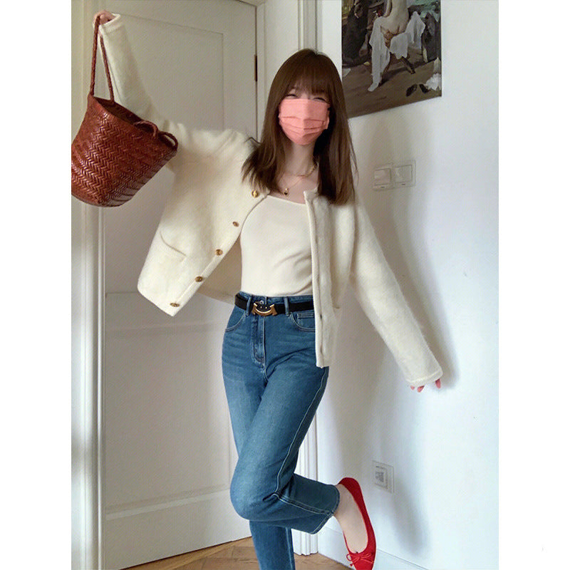 Women's Short Shoulder Knitted Cardigan Idle Style Casual Jacket