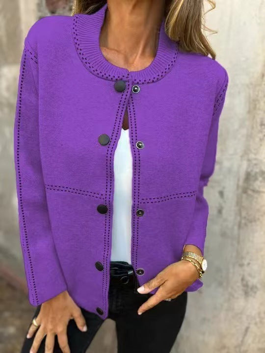 Striped Loose Round Neck Button Long Sleeve Versatile Sweater Coat