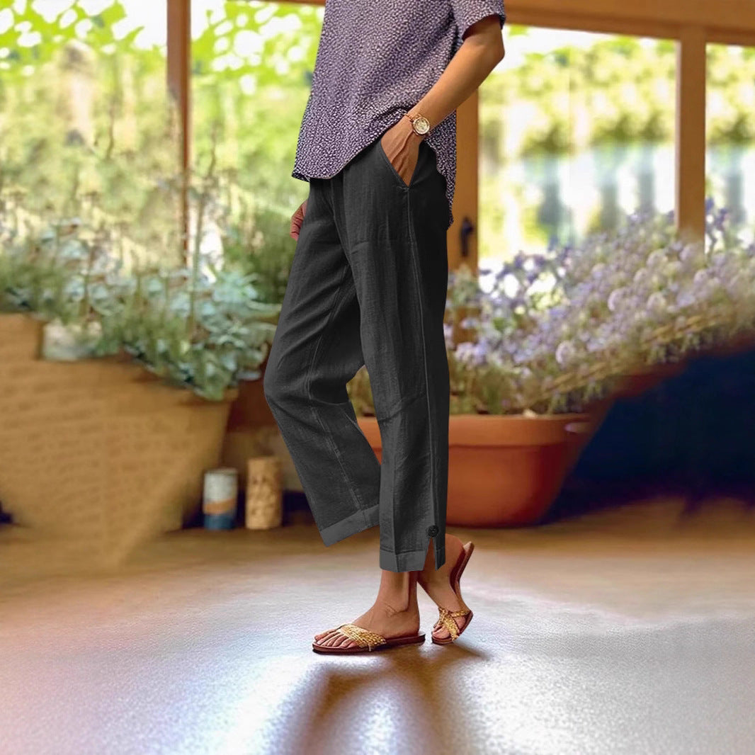 Cotton And Linen Loose Pure Color Elastic Waist Pocket Straight Casual Pants