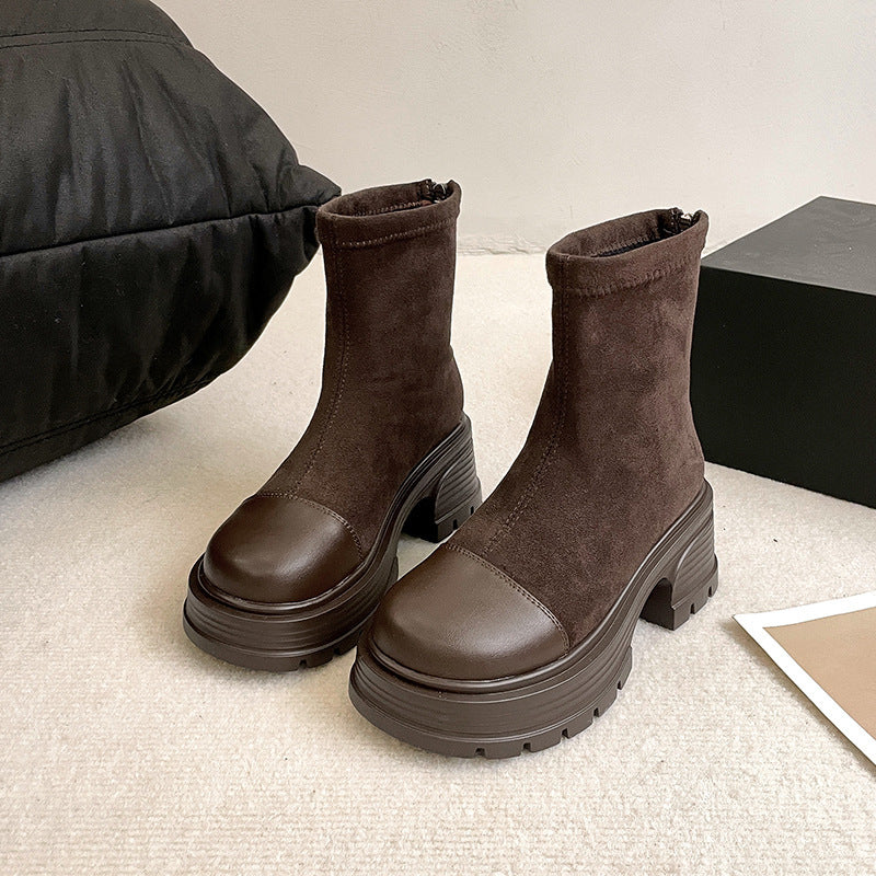 Retro Chunky Heel Versatile High-rise Suede Smoke Tube Boots