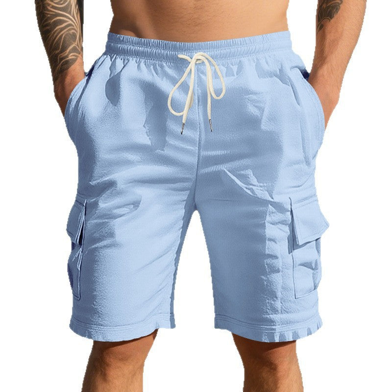 Shorts estivi da uomo in lino, larghi e traspiranti, con più tasche