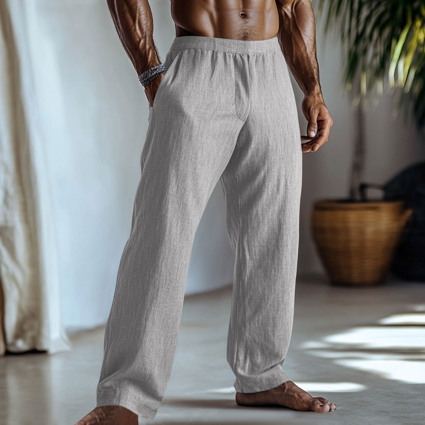 Cotton And Linen Solid Color Casual Trousers With Pockets