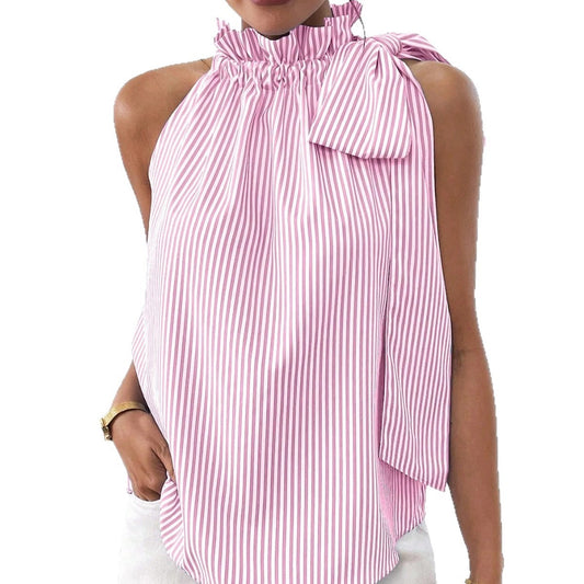 Fashion Casual Sleeveless Striped Lace Turtleneck Top