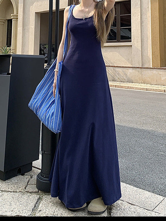 Vestito Donna Sling Canotta Vita Alta Elegante Tinta Unita