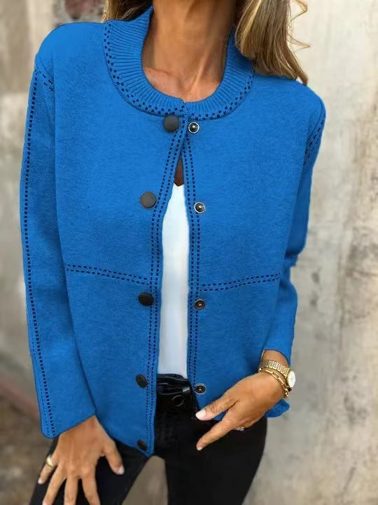Striped Loose Round Neck Button Long Sleeve Versatile Sweater Coat