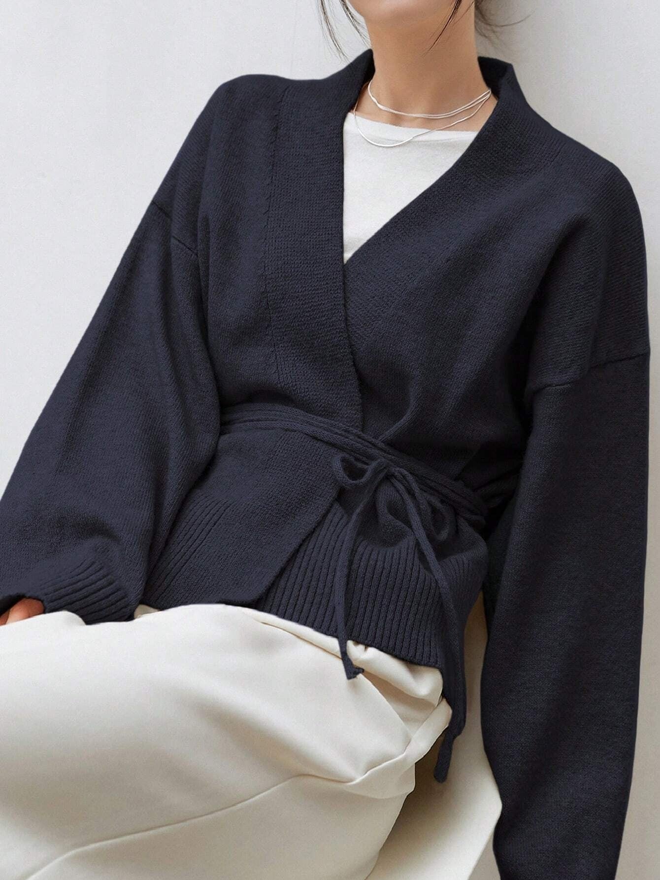 Dazy-Less Drop Shoulder Belted Cardigan