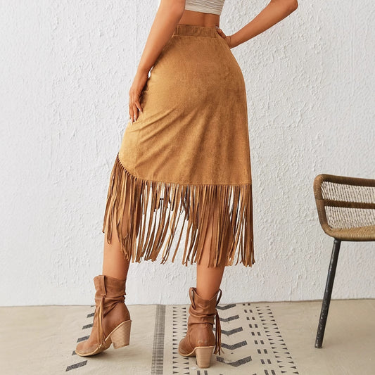 Women's Tassel Edge Asymmetrical Hem Solid Color Skirt