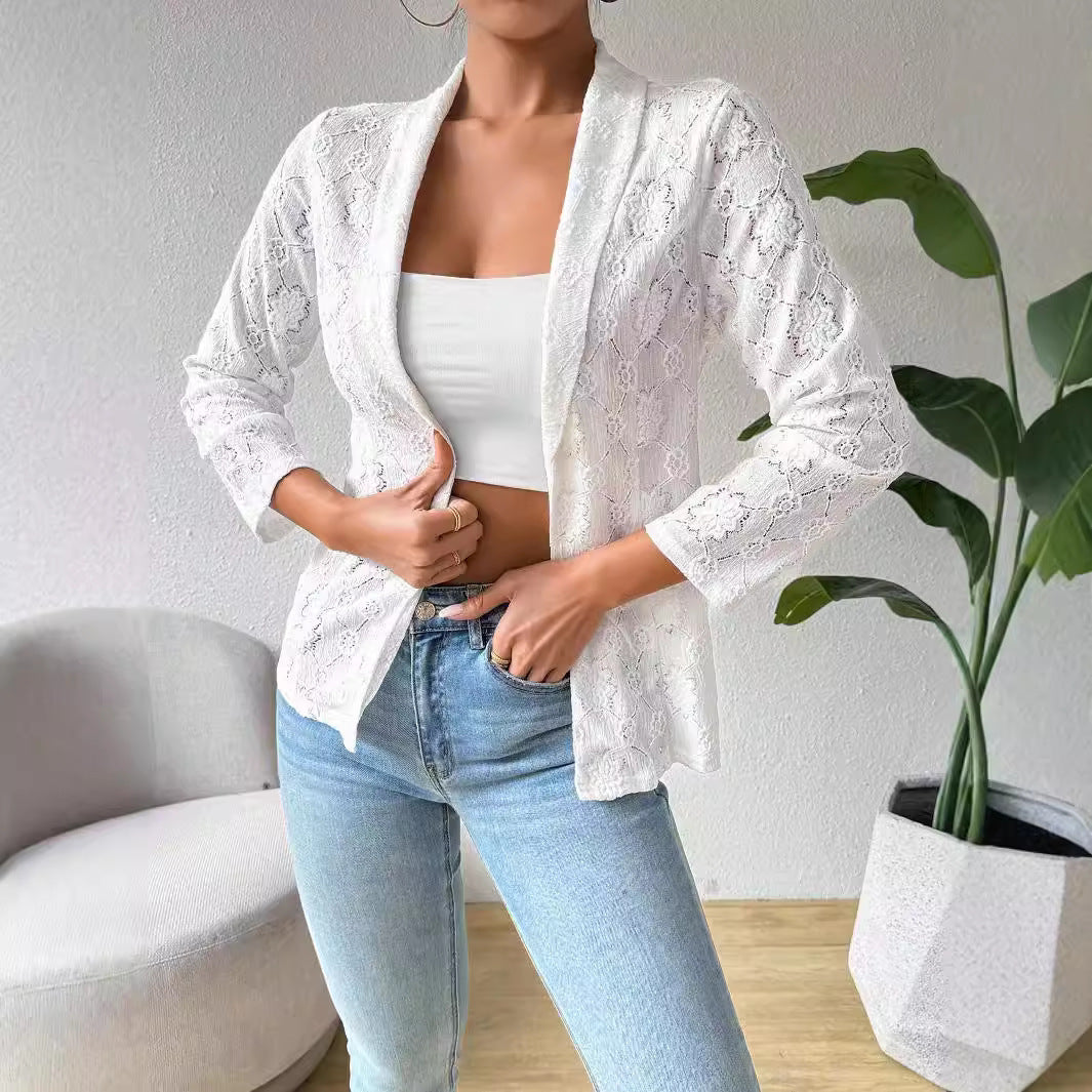 European And American Elegant Solid Color Lace 9 Sleeve Lapel Casual Suit Women's Jacket
