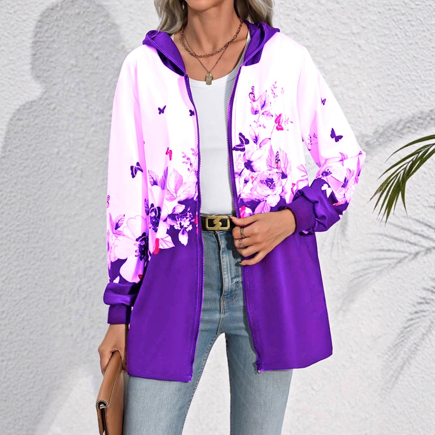 Printed Mid-length Zip Hooded Jacket