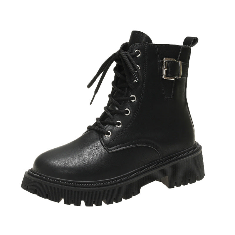 British Style Belt Buckle Lace Black Booties Autumn Winter Boots