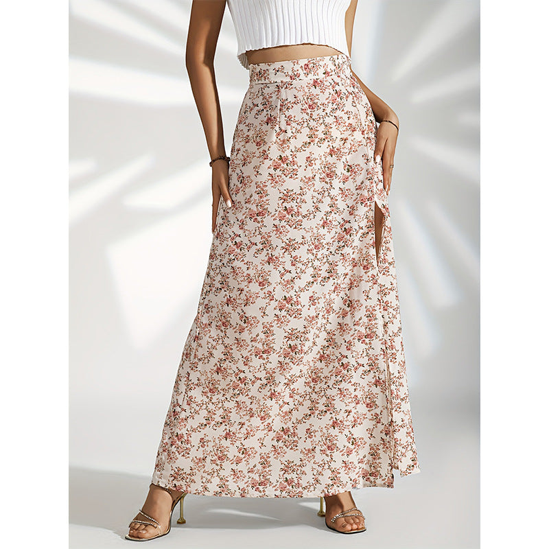 Gentle High Waist Slit Floral Skirt For Women