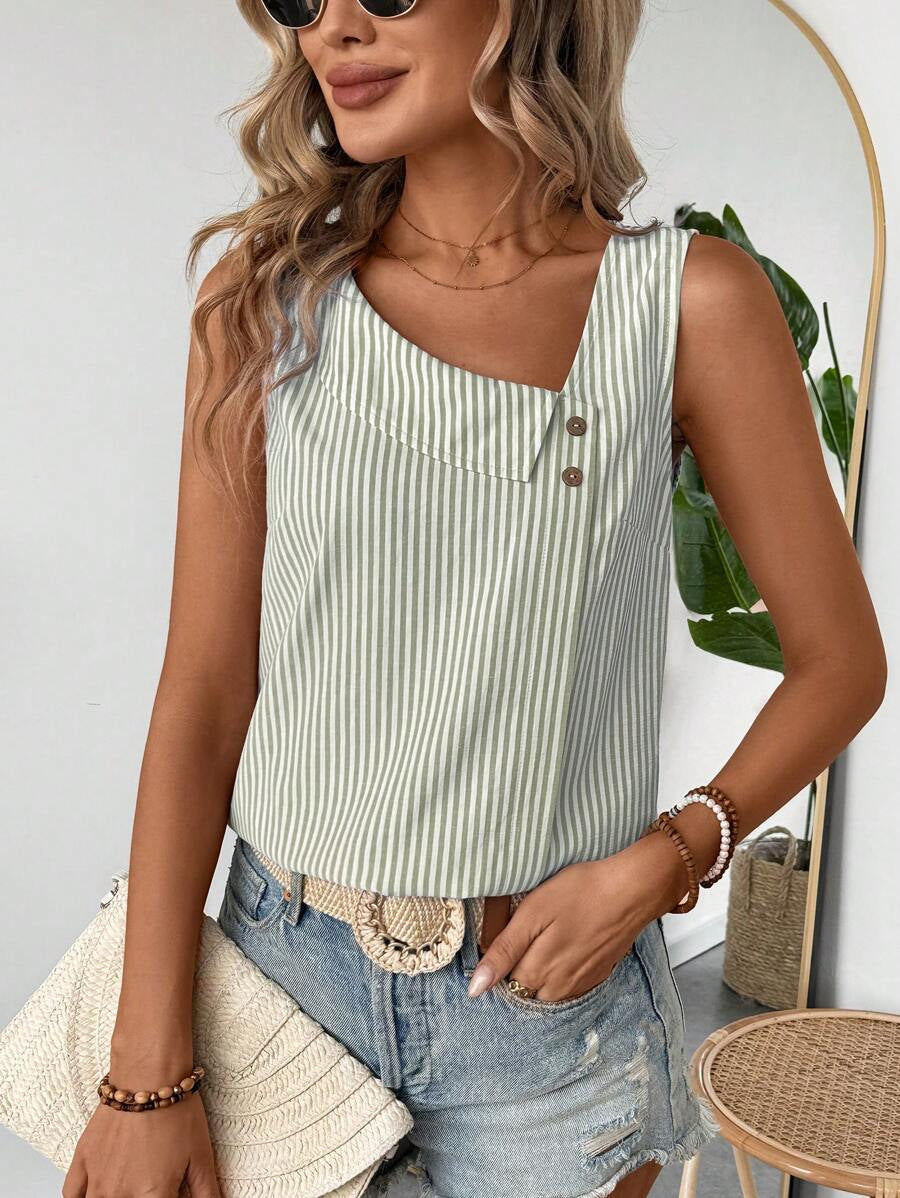 Casual Diagonal Collar Sleeveless Multi-color Stripe Women's Top