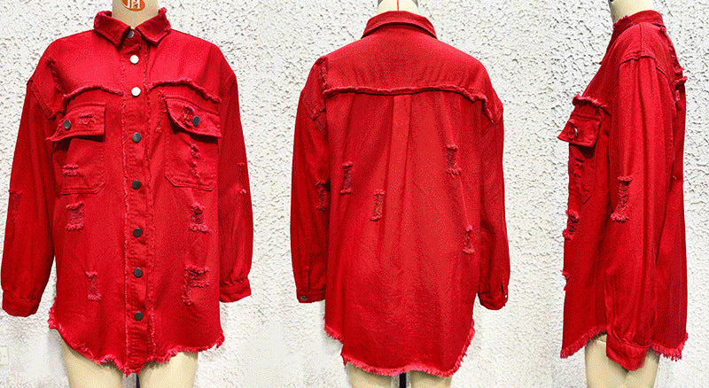 Distressed Denim Jacket Women's Long Sleeve Shirt Casual Lapel Coat With Raw Hem Details