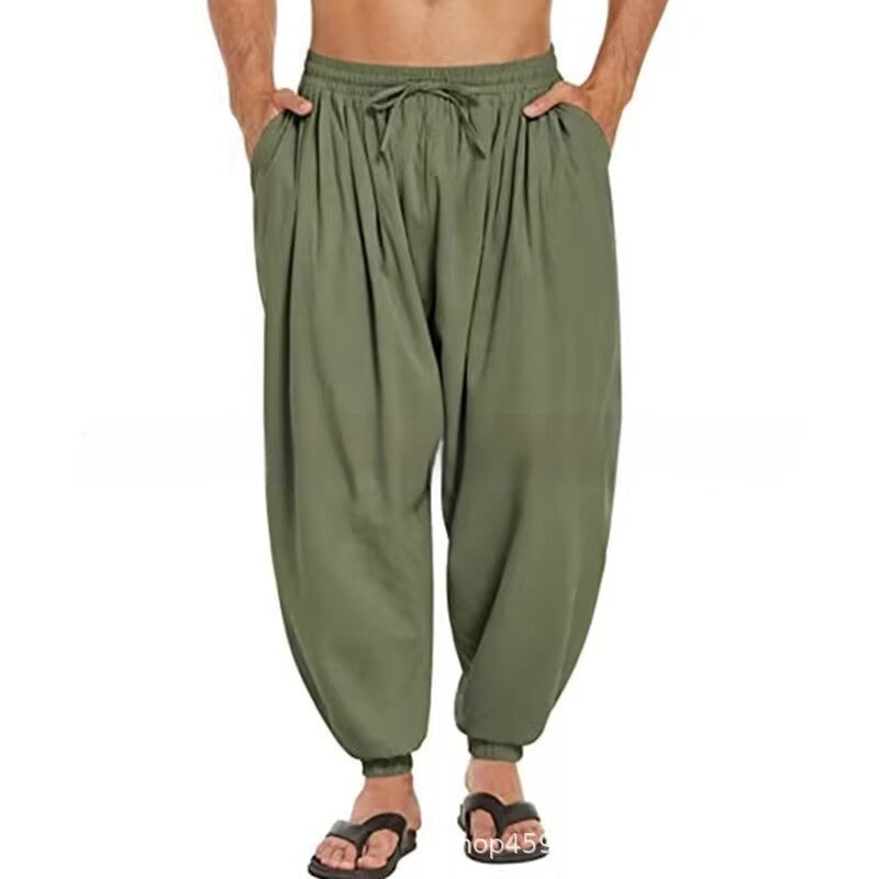 Solid Color Cotton And Linen Pocket Stretch Men's Casual Trousers