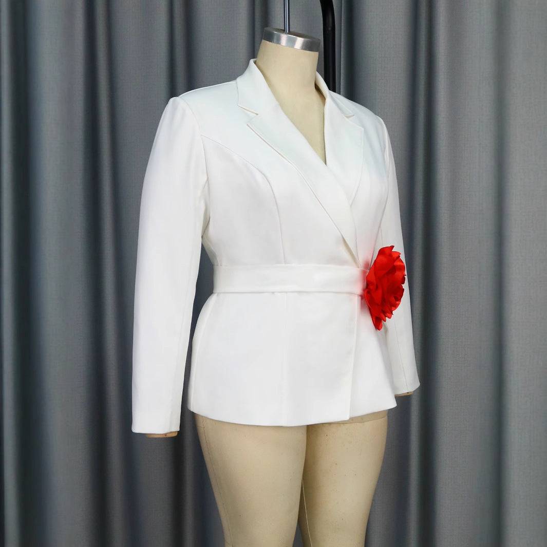 V-neck Long Sleeve Flower Contrast Color Slim Fit Commuter Top