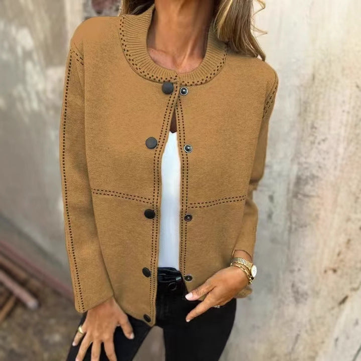 Striped Loose Round Neck Button Long Sleeve Versatile Sweater Coat