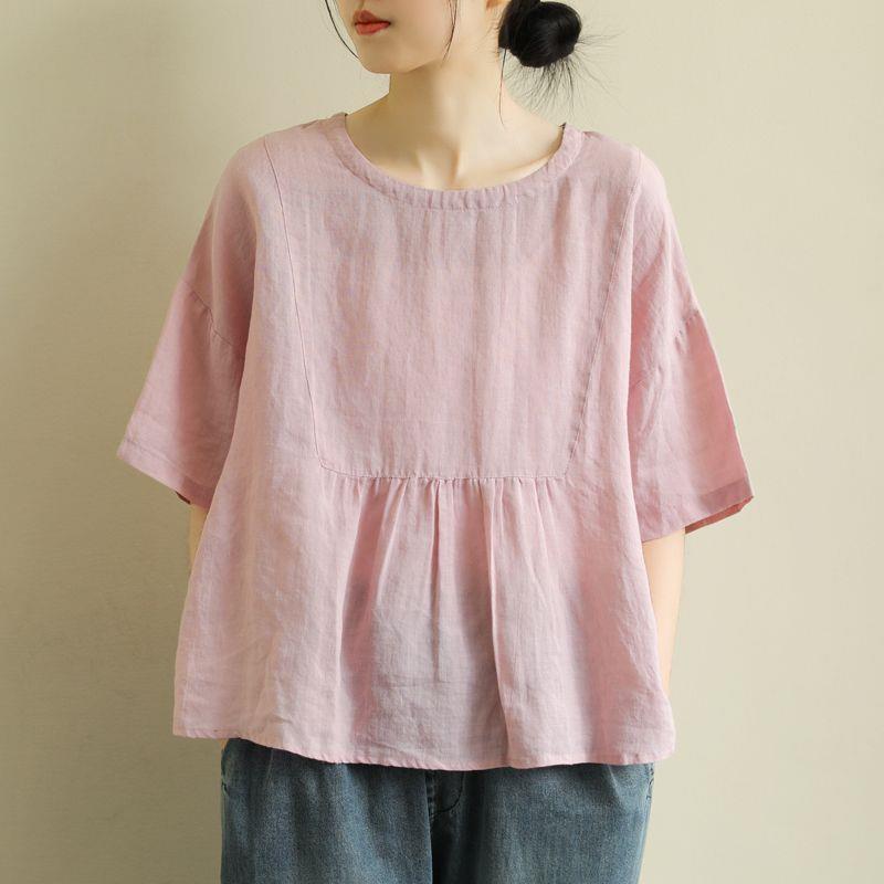 Short Sleeve Loose Round Neck Imitation Cotton And Linen Top