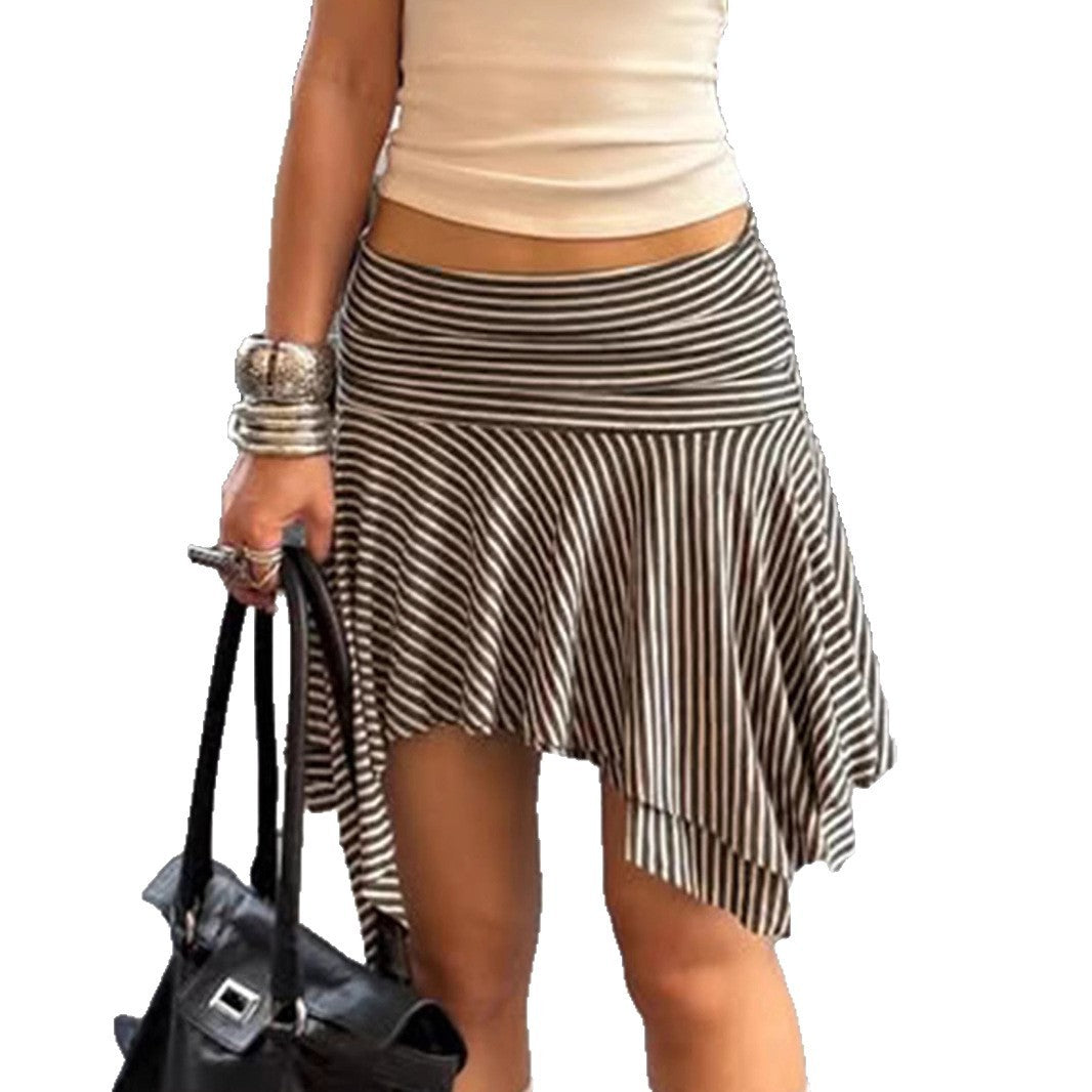 Fashion Hot Girl Street Style Short Striped Asymmetric Skirt Summer