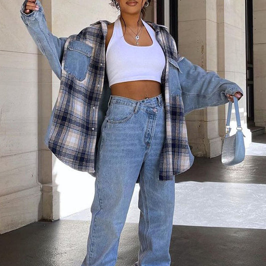 Lady's Denim Jacket New Casual Polo Collar Denim Pocket Plaid Stitching Coat Top