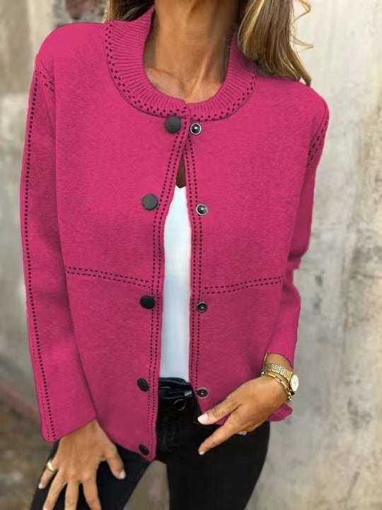 Striped Loose Round Neck Button Long Sleeve Versatile Sweater Coat