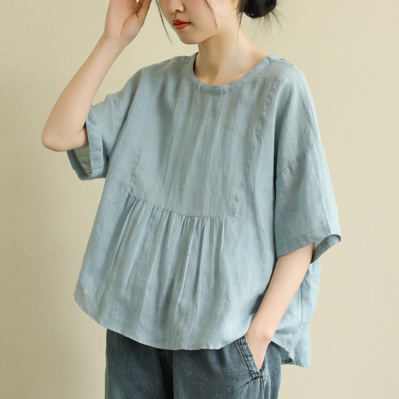 Short Sleeve Loose Round Neck Imitation Cotton And Linen Top