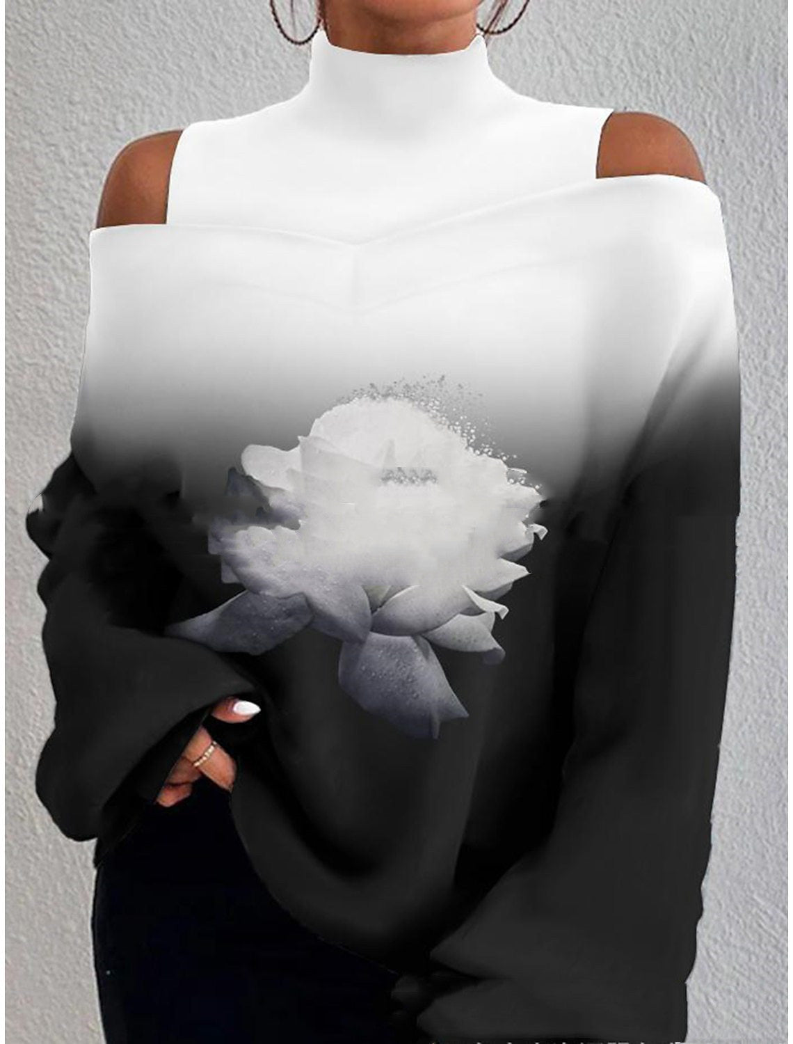 Turtleneck Off-the-shoulder Long Sleeve Printed Top