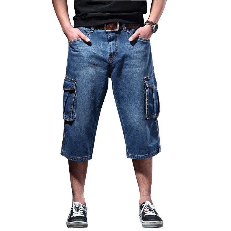 Jeans Uomo Estate Cropped Pants Mid Waist Blue Casual