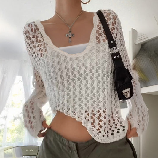 Hot Girl Style Long Sleeve Hollow T-shirt Woolen Women's Clothing