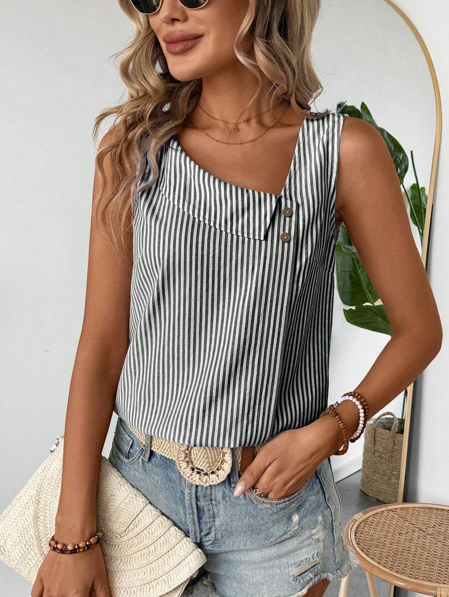 Casual Diagonal Collar Sleeveless Multi-color Stripe Women's Top