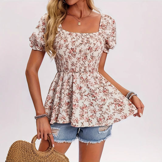 Square Collar Smocking Ruffle Sleeve Floral Vacation Top