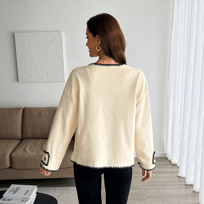 Color-contrasting Stripe Cardigan European And American Ladies Loose Polar Fleece Crew Neck Coat