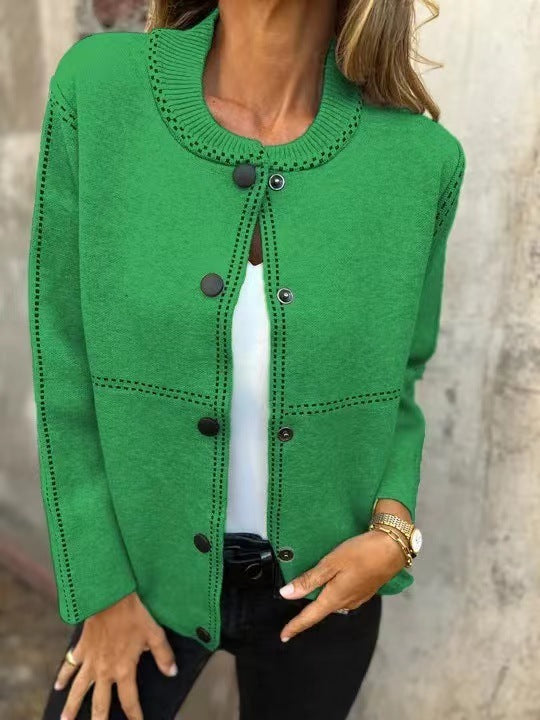 Striped Loose Round Neck Button Long Sleeve Versatile Sweater Coat