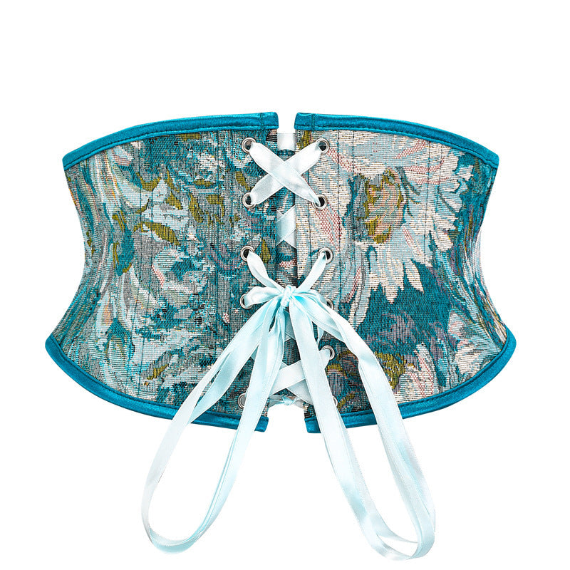 Blue Chrysanthemum Oil Painting Printed Lace Up Body Sculpting Girdle