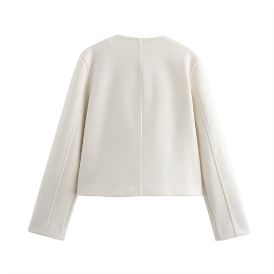 Temperament Crew Neck Long Sleeve Pocket Decorative Jacket Coat