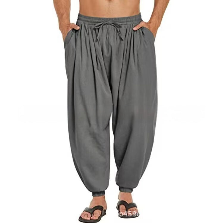 Solid Color Cotton And Linen Pocket Stretch Men's Casual Trousers