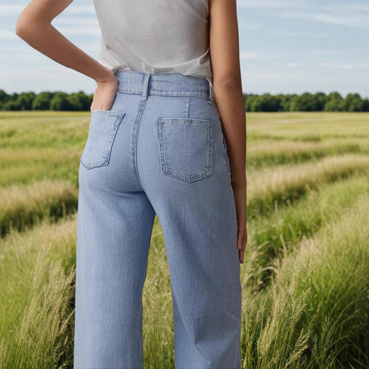 Jeans Donna Vita Alta a Zampa con Perline Stretch Stile Europeo Americano