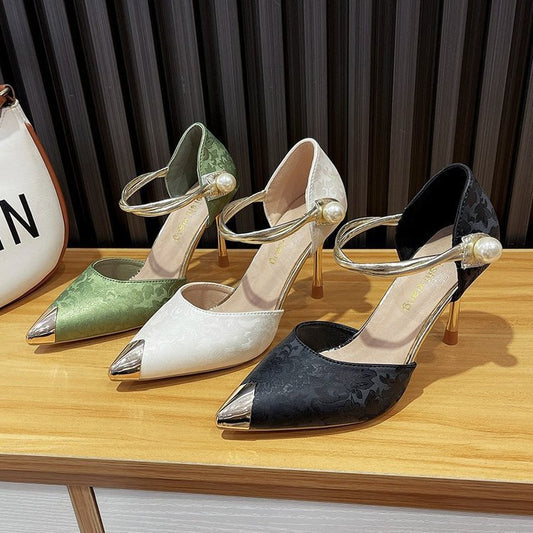 Fashionable Metal Pointed Pearl Women's Satin Flower High Heels