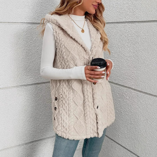 Solid Color Double-sided Plush Hooded Button Cardigan Casual Women Autumn And Winter Vest