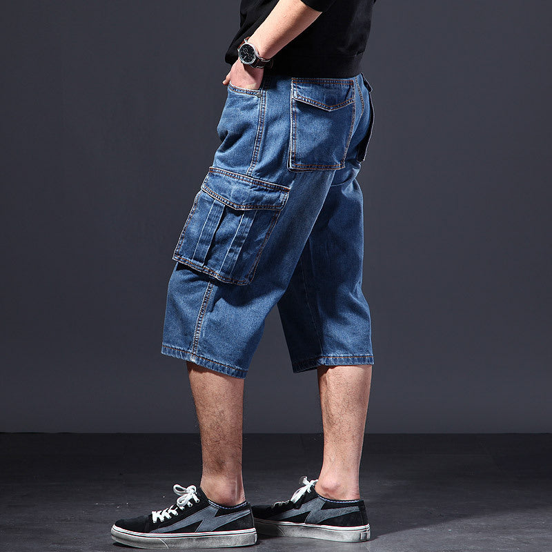 Jeans Uomo Estate Cropped Pants Mid Waist Blue Casual