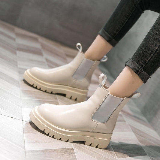Stivaletti Donna Platform Primavera Tacco Piatto Punta Tonda in PU – 2 Colori N.35-40