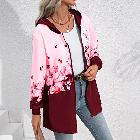 Printed Mid-length Zip Hooded Jacket