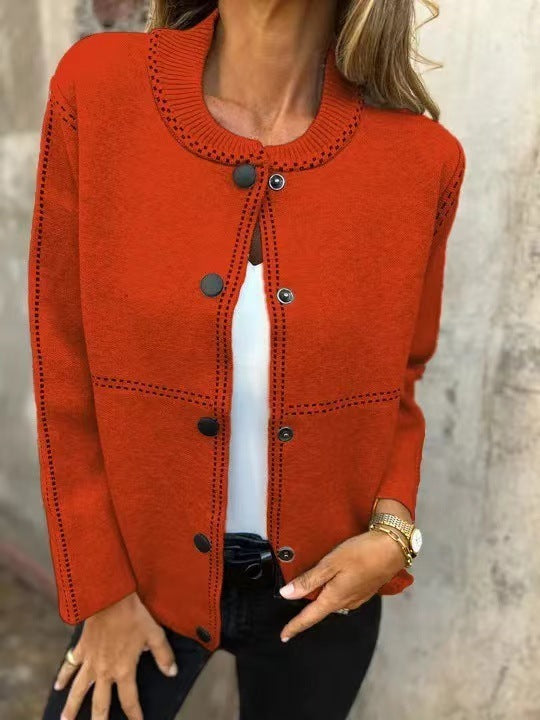 Striped Loose Round Neck Button Long Sleeve Versatile Sweater Coat