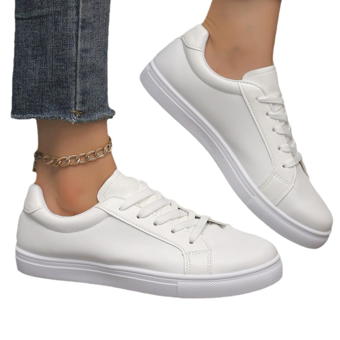 Lace-up White Shoes Women's Flat Leather Surface Sneakers