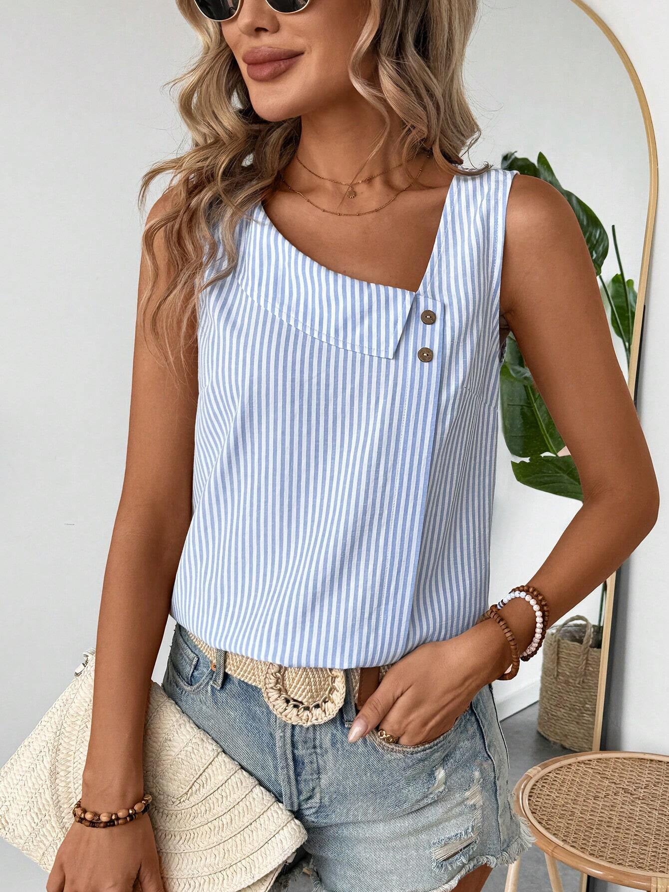 Casual Diagonal Collar Sleeveless Multi-color Stripe Women's Top