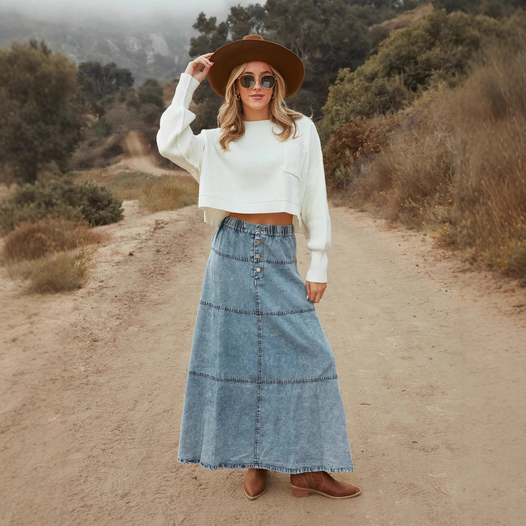 Fashion Layered Stitching Women's Denim Skirt