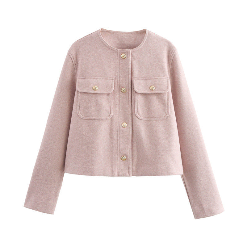 Temperament Crew Neck Long Sleeve Pocket Decorative Jacket Coat