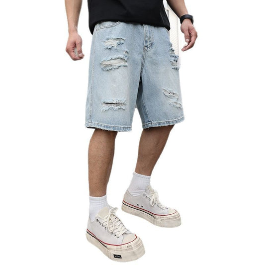 Pantaloncini Uomo in Denim Strappato – Loose Fit Casual Stile Hip Hop