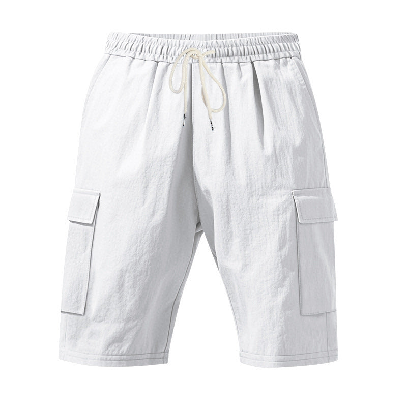Shorts estivi da uomo in lino, larghi e traspiranti, con più tasche