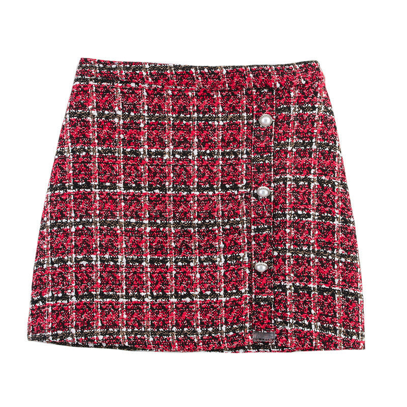 Women's Versatile Pearl Button Coarse Floral Plaid Half Skirt