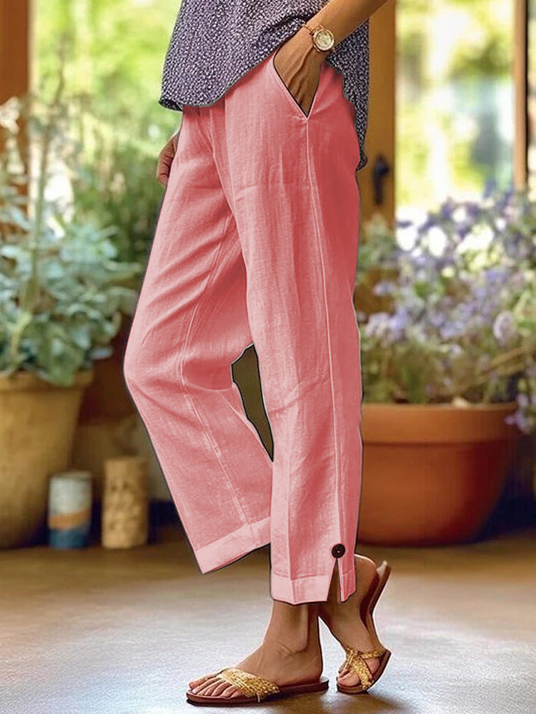 Cotton And Linen Loose Pure Color Elastic Waist Pocket Straight Casual Pants
